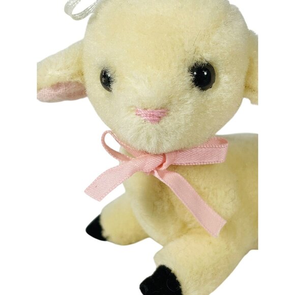 R Dakin Wool Pile Lamb Plush Ornament Sheep With Pink Bow Vintage - Picture 6 of 10